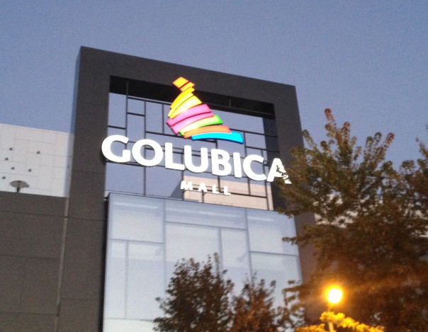Illuminated sign on Golubica Mall in Vukovar